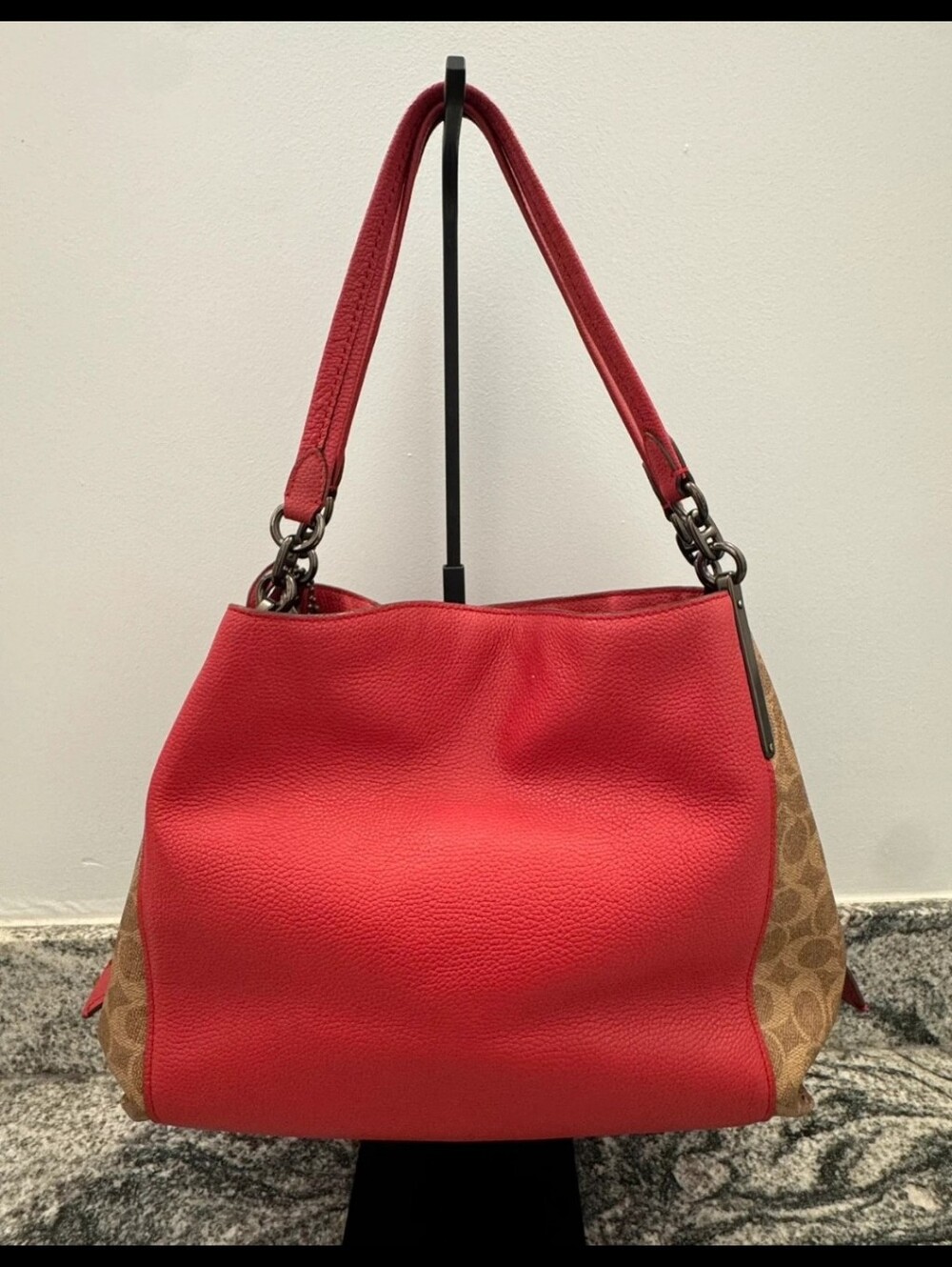 Coach Dalton 31 Red Pebbled Leather Shoulder Bag with Patterned Canvas Sides EUC